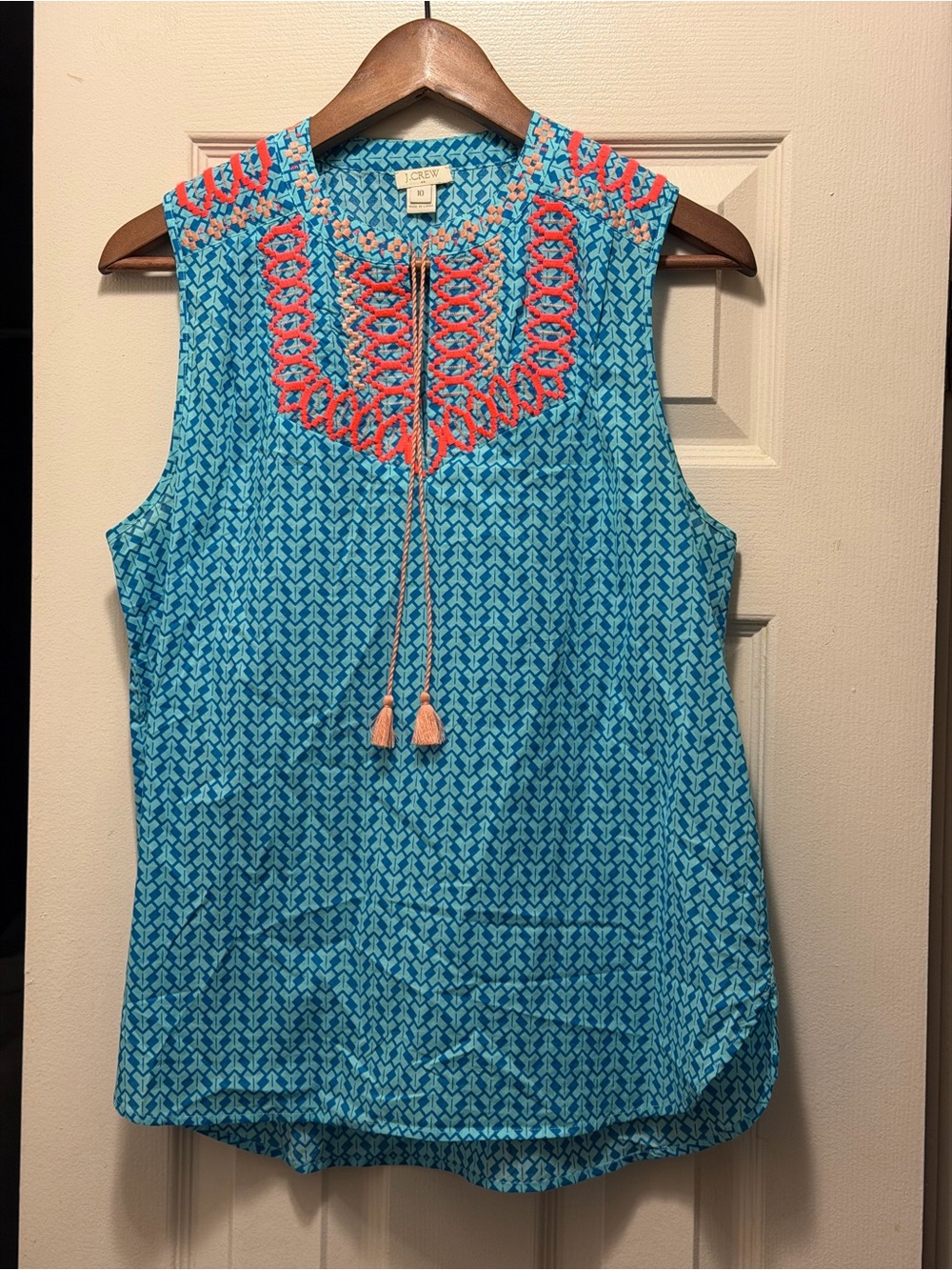 J. Crew Blue Sleeveless Tassel Embroidered tank top neon, boho beach size 10
